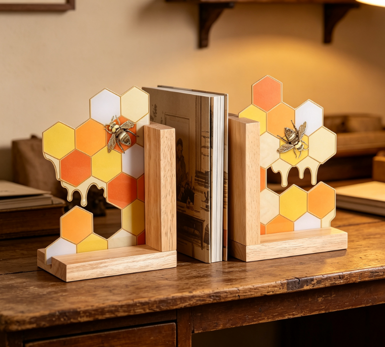 Honeycomb Pattern Wooden Bookends – Modern Style – Pair - Image 2